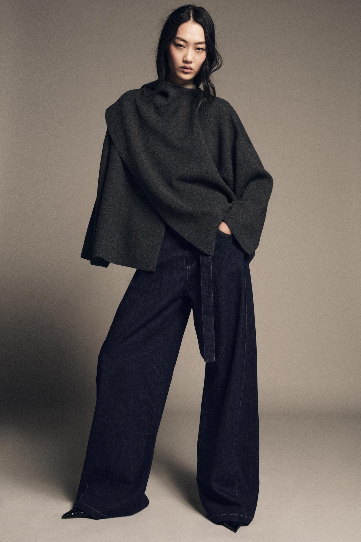 KNIT CAPE WITH SCARF DETAIL - Image 1