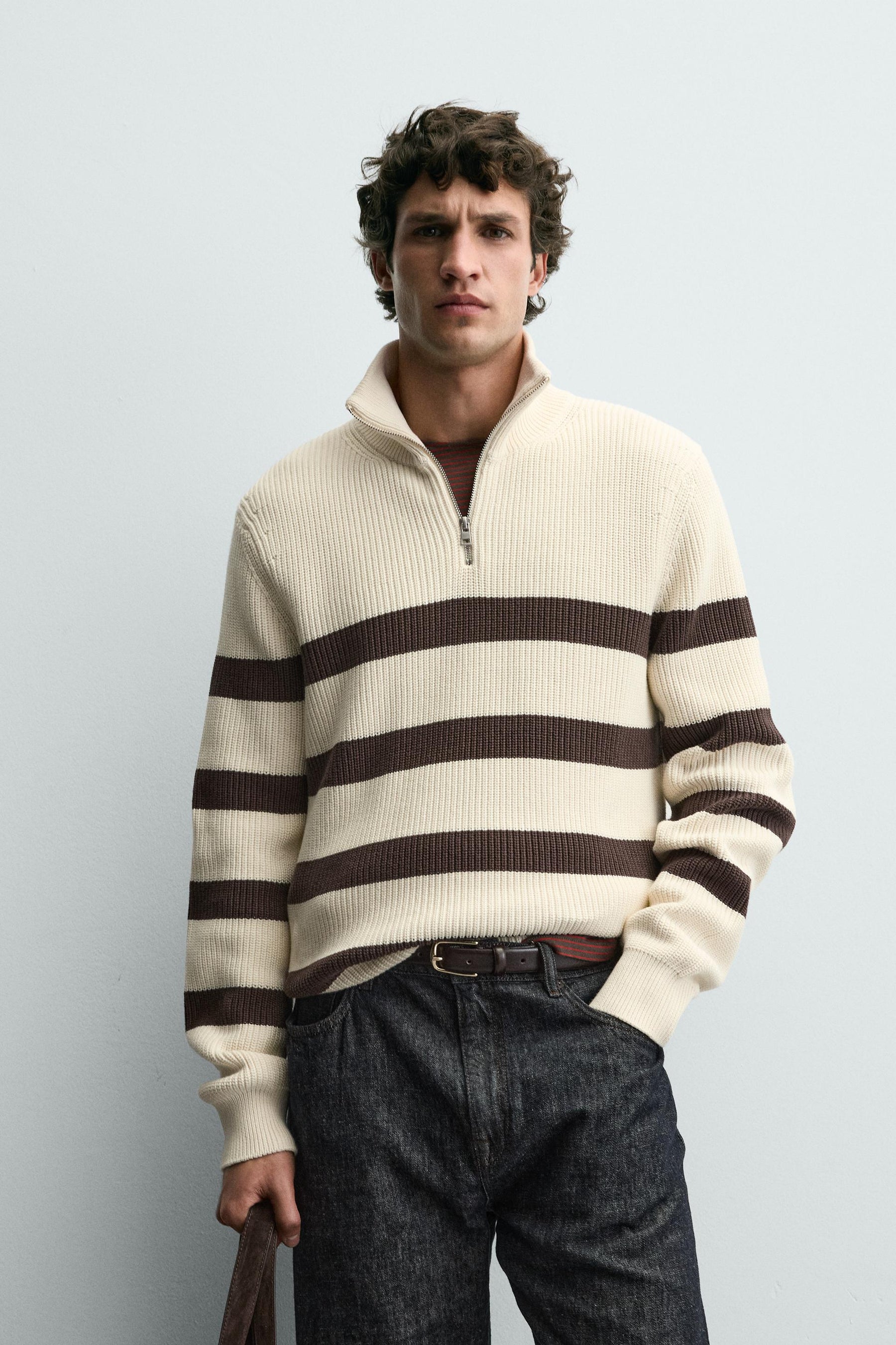 Zippered Collared Knitted Pullover