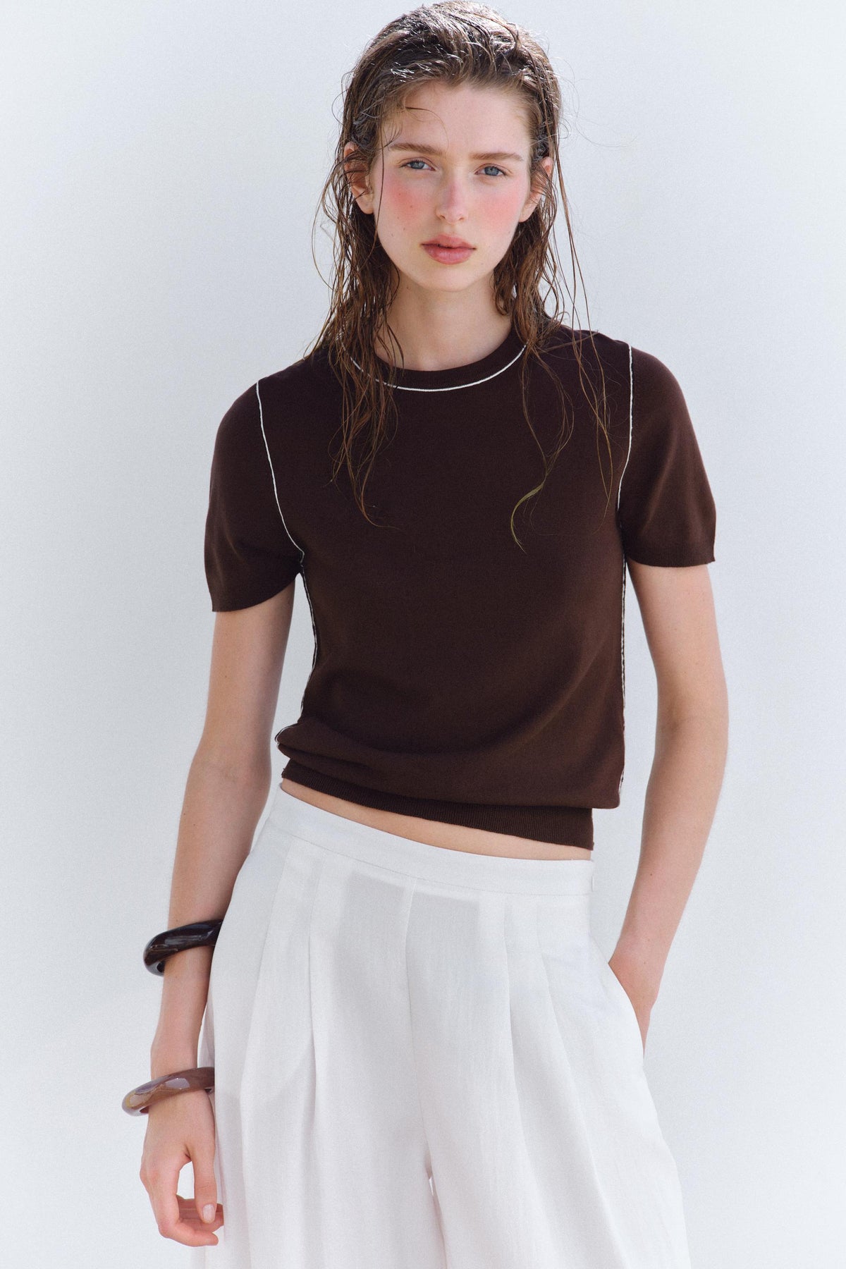 SHORT SLEEVE KNIT TOP WITH PIPING - Image 2