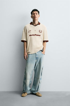 RETRO FOOTBALL TEXTURED POLO SHIRT - Image 1