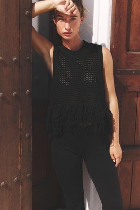 CHECK KNIT TOP WITH FRINGING - Image 1