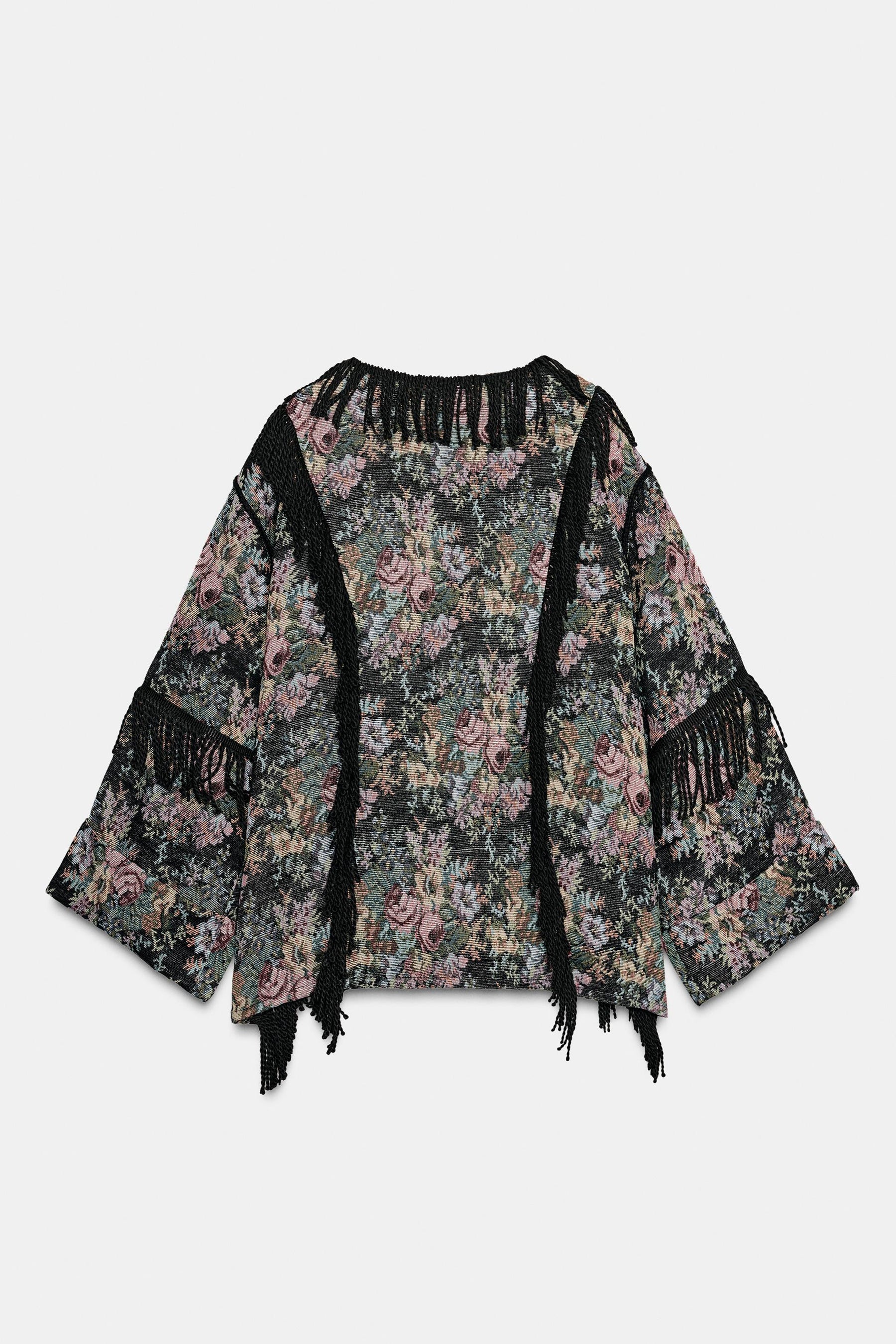 FLORAL JACQUARD FRINGED KIMONO - Image 4