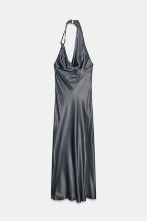 ASYMMETRIC BEADED SATIN MIDI DRESS - Image 9