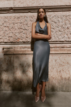 ASYMMETRIC BEADED SATIN MIDI DRESS - Image 1