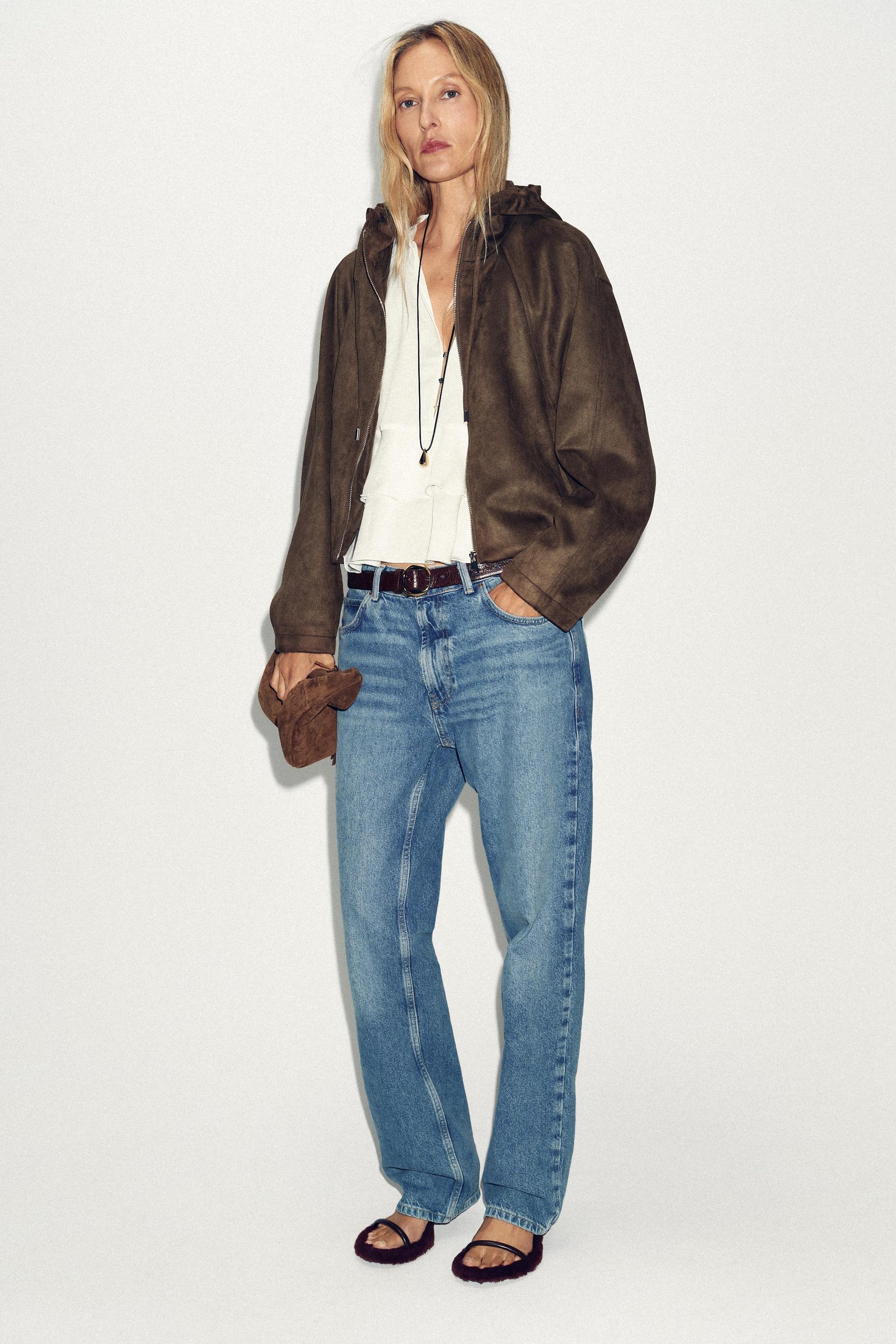 HOODED FAUX SUEDE BOMBER JACKET - Image 1