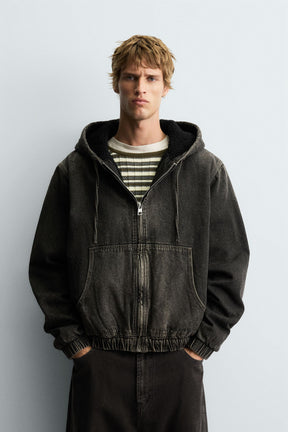 DENIM JACKET WITH FAUX SHEARLING HOODIE - Image 2