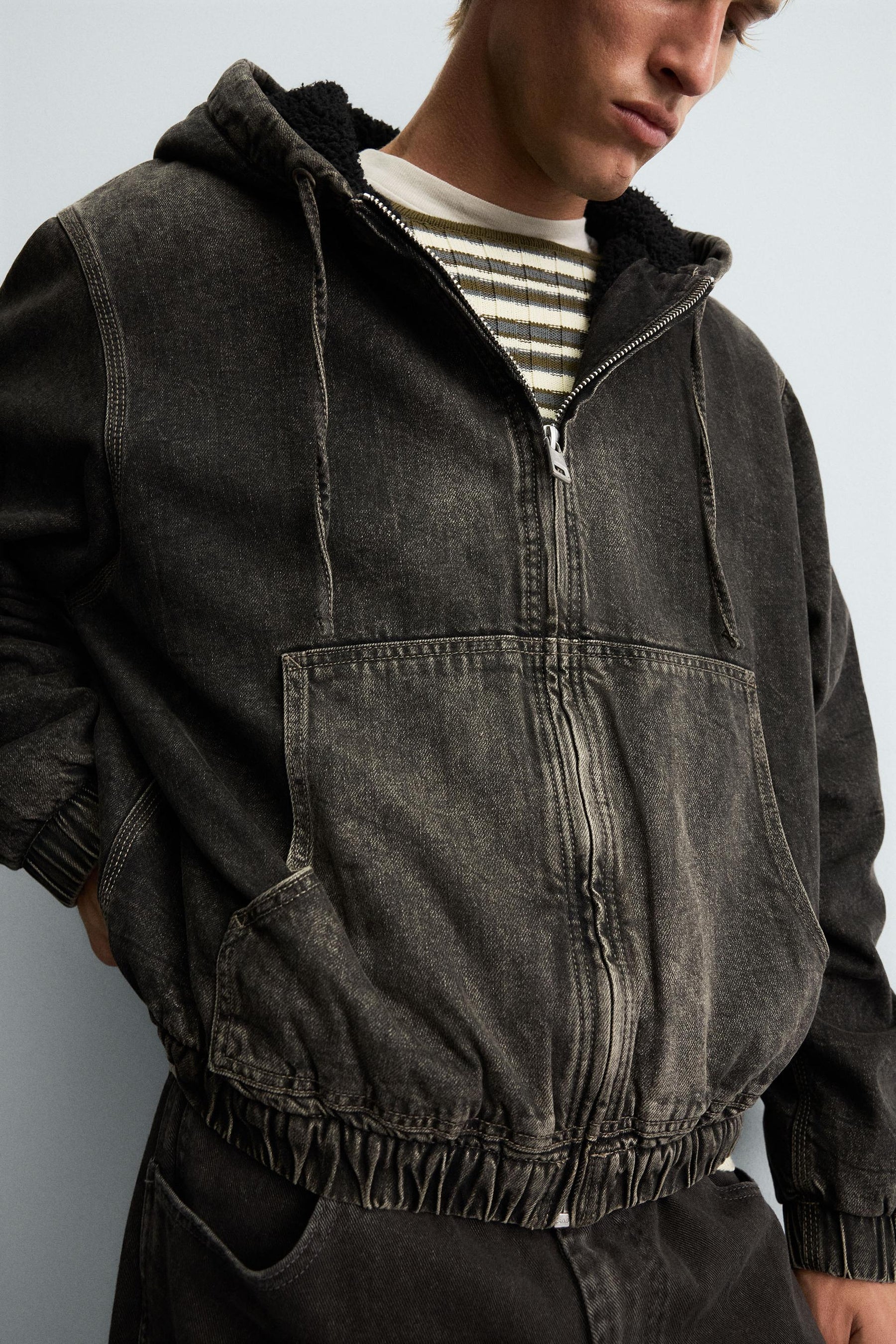 DENIM JACKET WITH FAUX SHEARLING HOODIE - Image 6