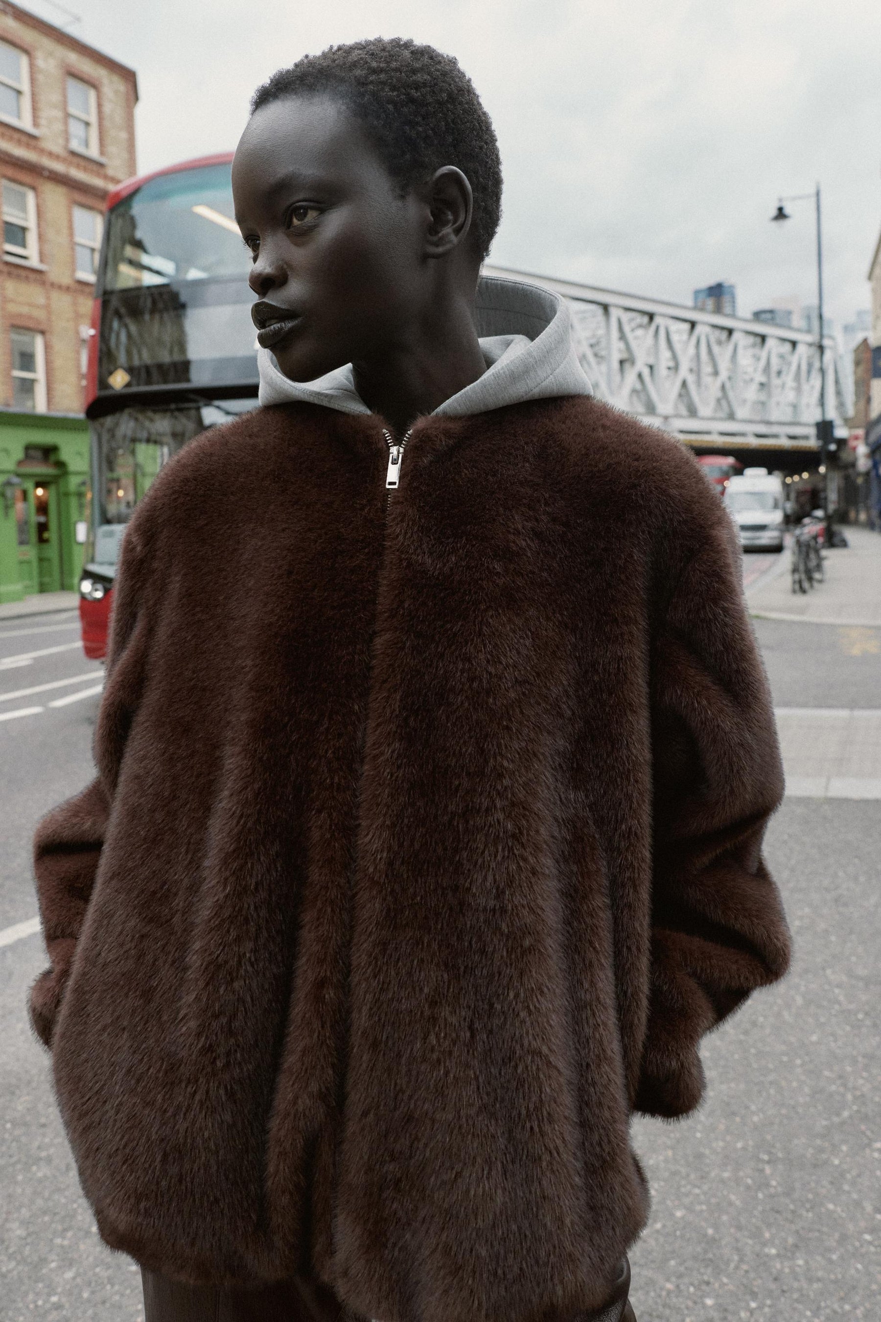 CONTRAST BOMBER JACKET WITH FAUX FUR HOODIE - Image 6