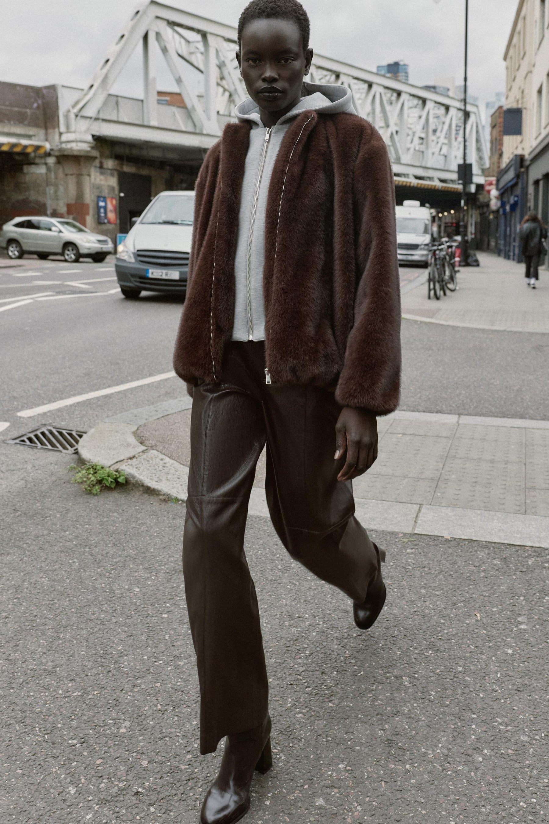 CONTRAST BOMBER JACKET WITH FAUX FUR HOODIE - Image 1