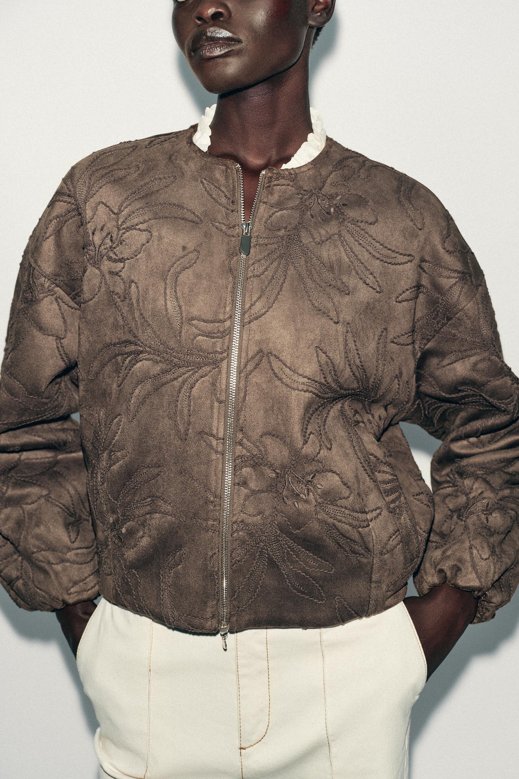Embroidered Suede Bomber Jacket
